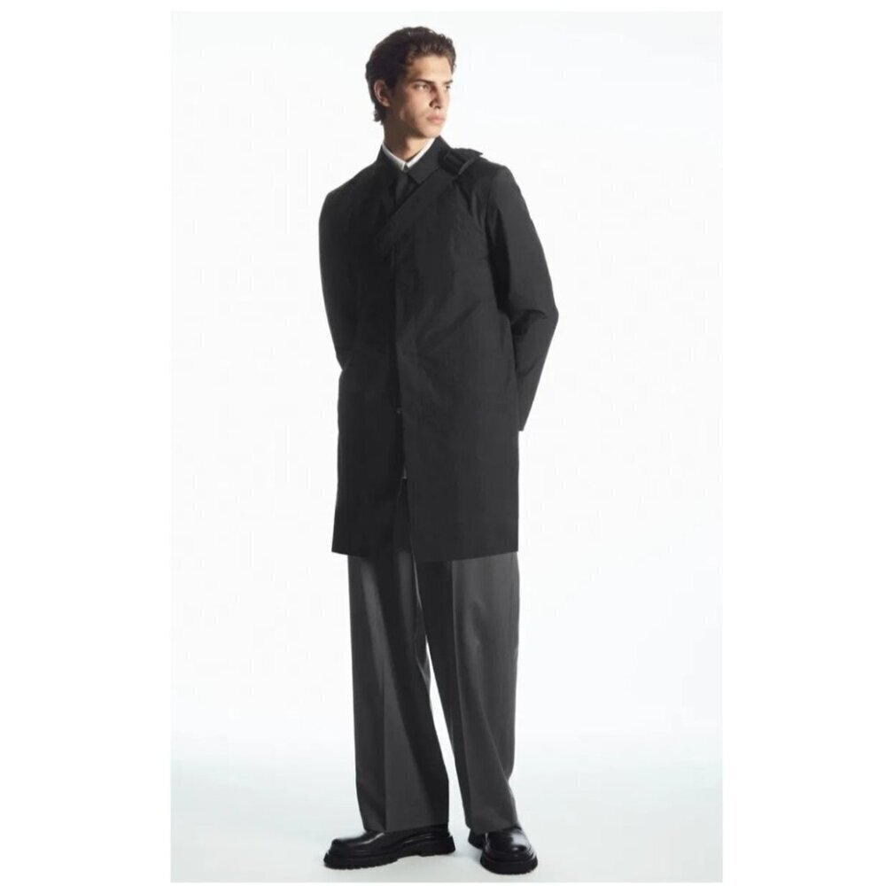 COS Men’s Lyocell Cotton Long Coat Jacket Size 36 Black Minimalist Lightweight